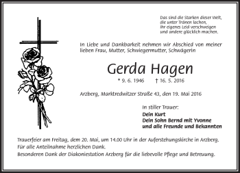 Traueranzeige von Gerda Hagen von Frankenpost