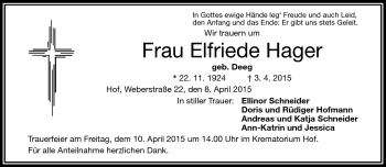 Traueranzeige von Hager Elfriede von Frankenpost