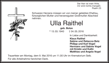 Traueranzeige von Ulla Raithel von Frankenpost