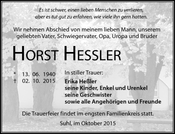 Traueranzeige von Horst Heßler von Südthüringer Presse