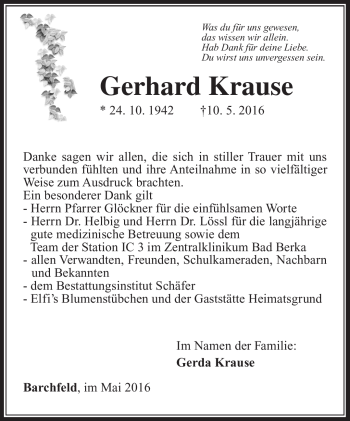 Traueranzeige von Gerhard Krause von Südthüringer Presse
