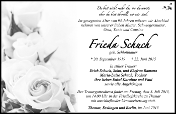 Traueranzeige von Frieda Schuch von Südthüringer Presse