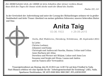 Traueranzeige von Anita Taig von Frankenpost