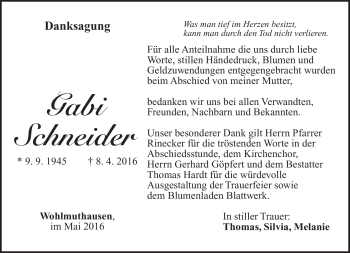 Traueranzeige von Gabi Schneider von Südthüringer Presse