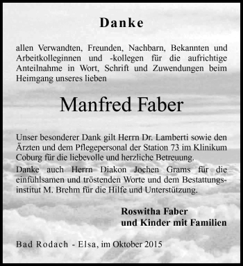 Traueranzeige von Manfred Faber von Neue Presse Coburg