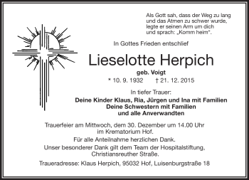 Traueranzeige von Lieselotte Herpich von Frankenpost