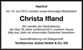 Traueranzeige von Christa Ifland von Südthüringer Presse