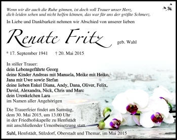 Traueranzeige von Renate Fritz von Südthüringer Presse