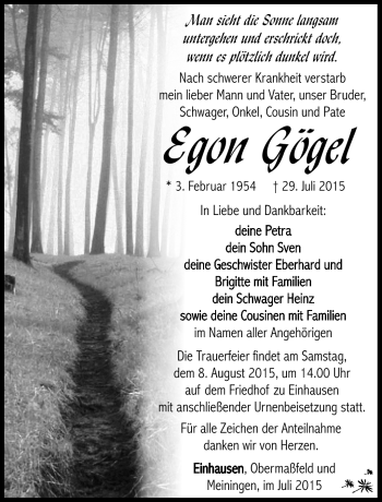 Traueranzeige von Egon Gögel von Südthüringer Presse