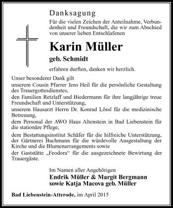 Traueranzeige von Karin Müller von Südthüringer Presse