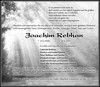 Traueranzeige von Joachim Rebhan von Südthüringer Presse