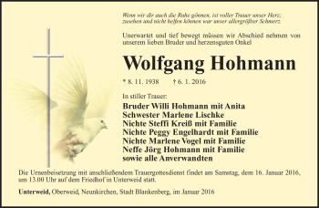 Traueranzeige von Wolfgang Hohmann von Südthüringer Presse