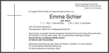 Traueranzeige von Emma Schier von Frankenpost