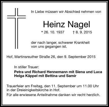 Traueranzeige von Heinz Nagel von Frankenpost