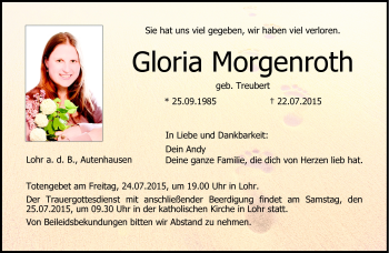 Traueranzeige von Gloria Morgenroth von Neue Presse Coburg