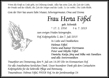 Traueranzeige von Herta Fößel von Frankenpost