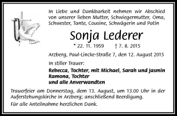 Traueranzeige von Sonja Lederer von Frankenpost