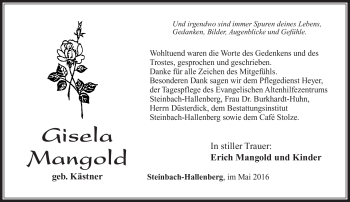 Traueranzeige von Gisela Mangold von Südthüringer Presse
