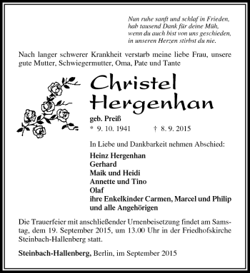 Traueranzeige von Christel Hergenhan von Südthüringer Presse