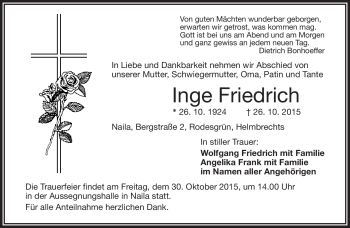 Traueranzeige von Inge Friedrich von Frankenpost