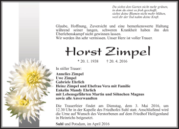 Traueranzeige von Horst Zimpel von Südthüringer Presse