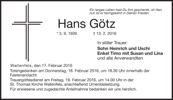 Traueranzeige von Hans Götz von Neue Presse Coburg