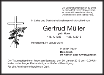 Traueranzeige von Gertrud Müller von Frankenpost