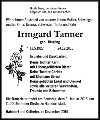 Traueranzeige von Irmgard Tanner von Südthüringer Presse