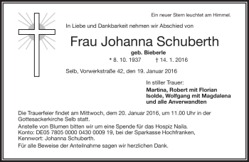 Traueranzeige von Johanna Schuberth von Frankenpost