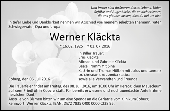 Traueranzeige von Werner Kläckta von Neue Presse Coburg