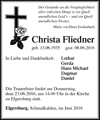 Traueranzeige von Christa Fliedner von Südthüringer Presse
