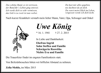 Traueranzeige von Uwe König von Südthüringer Presse