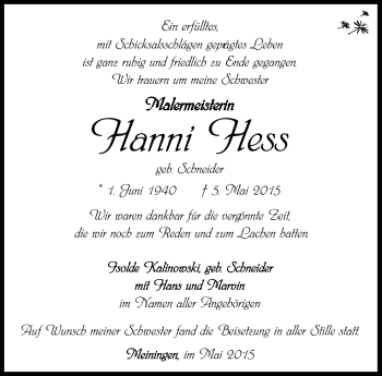 Traueranzeige von Johanna Hess von Südthüringer Presse