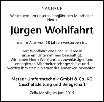 Traueranzeige von Jürgen Wohlfahrt von Südthüringer Presse