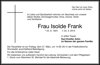 Traueranzeige von Isolde Frank von Frankenpost