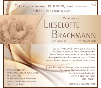 Traueranzeige von Lieselotte Brachmann von Südthüringer Presse