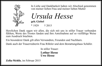 Traueranzeige von Ursula Hesse von Südthüringer Presse