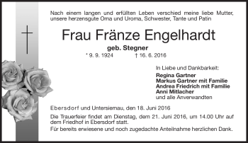 Traueranzeige von Fränze Engelhardt von Neue Presse Coburg