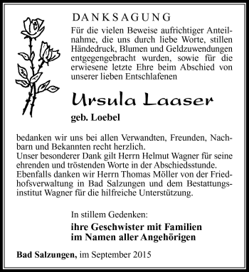 Traueranzeige von Ursula Laaser von Südthüringer Presse