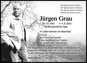 Traueranzeige von Jürgen Grau von Südthüringer Presse