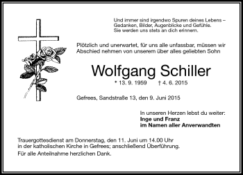 Traueranzeige von Wolfgang Schiller von Frankenpost