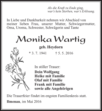 Traueranzeige von Monika Wartig von Südthüringer Presse