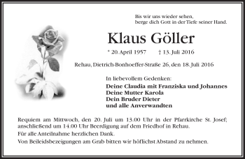Traueranzeige von Klaus Göller von Frankenpost