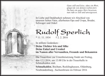 Traueranzeige von Rudolf Sperlich von Südthüringer Presse