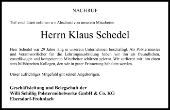 Traueranzeige von Klaus Schedel von Neue Presse Coburg