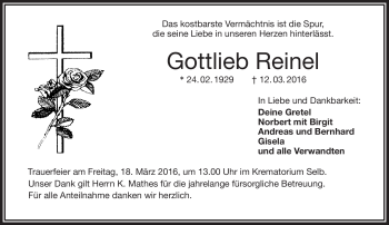 Traueranzeige von Gottlieb Reinel von Frankenpost