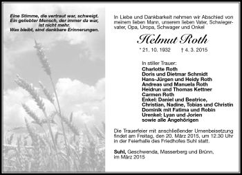 Traueranzeige von Helmut Roth von Südthüringer Presse