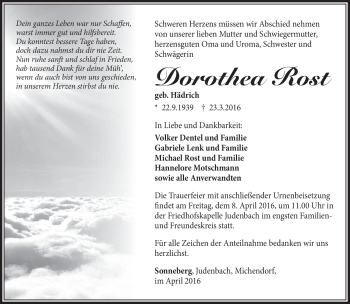 Traueranzeige von Dorothea Rost von Südthüringer Presse