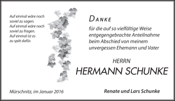 Traueranzeige von Hermann Schunke von Südthüringer Presse