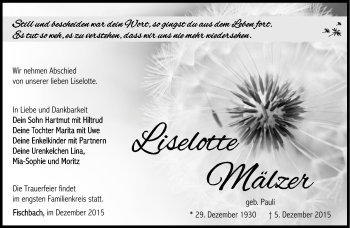 Traueranzeige von Liselotte Mälzer von Südthüringer Presse